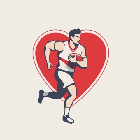 Rugby player running with ball in heart shape vector illustratio