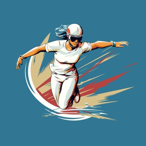 Illustration of a female baseball player jumping in front of a b