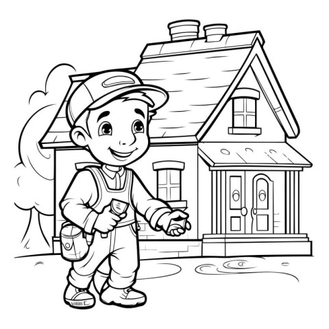 Black and White Cartoon Illustration of Cute Little Boy Repairin