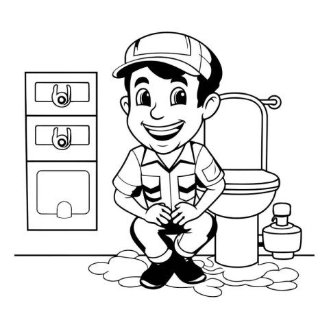 Plumber in the bathroom cartoon black and white vector illustrat