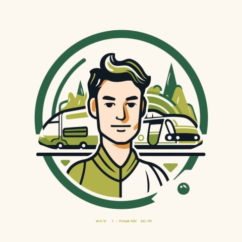 Vector illustration of a man standing in front of a camper van.