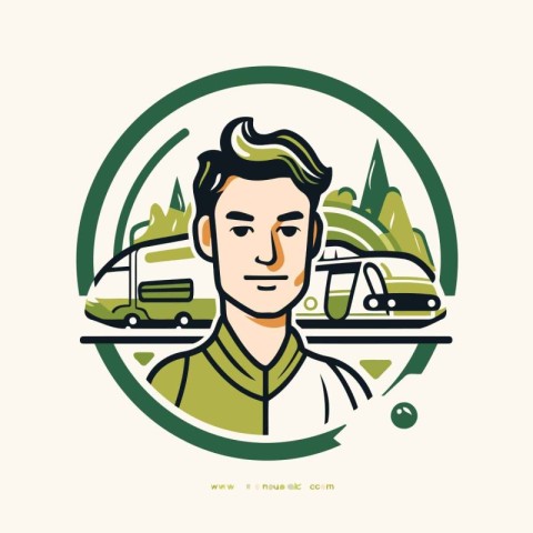 Vector illustration of a man standing in front of a camper van.