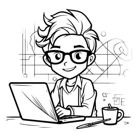 Black and White Cartoon Illustration of Teenage Boy Student with