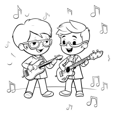 Boy and girl playing guitar. black and white vector cartoon illu