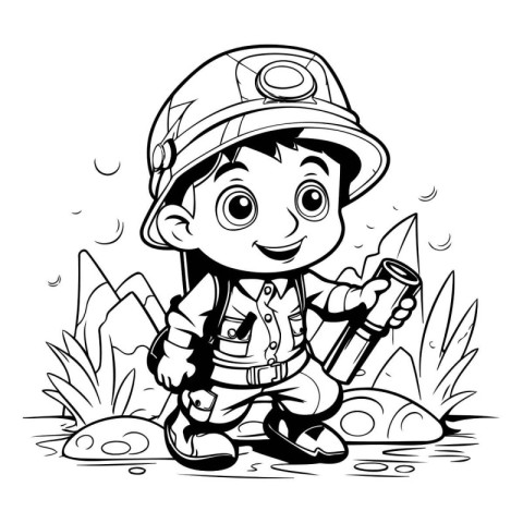 Black and White Cartoon Illustration of Little Fireman or Firema