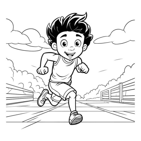 Boy running on the road cartoon black and white vector illustrat