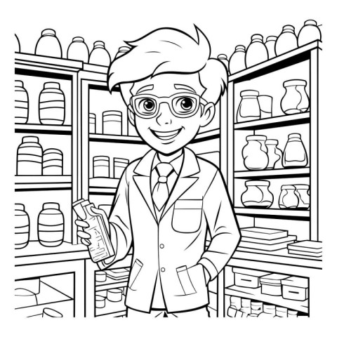 Black and white illustration of a young man pharmacist in a drug