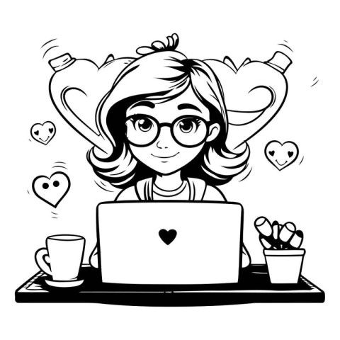 Cute cartoon girl with glasses and laptop. Vector illustration.