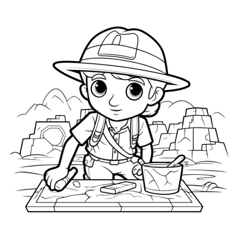 Black and White Cartoon Illustration of Kid Boy Camping for Colo