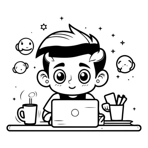 Cute cartoon boy with laptop. Vector illustration. Black and whi