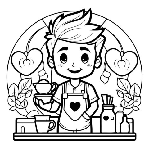 Cute boy with coffee cups and teapot. Vector illustration.