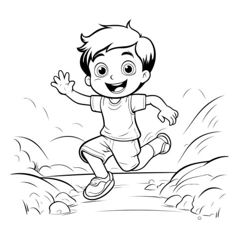 Little boy running in the mountains. Black and white vector illu