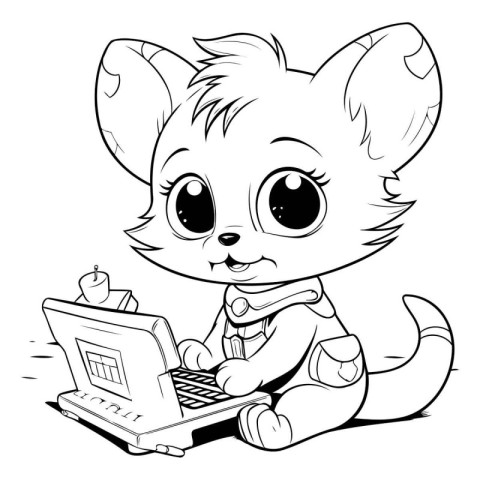 Cute cartoon baby fox with laptop. Vector illustration for color