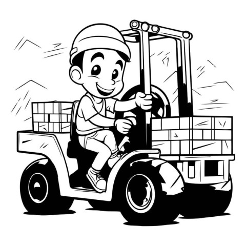 Illustration of a Kid Boy Driving a Forklift Truck Full of Cargo