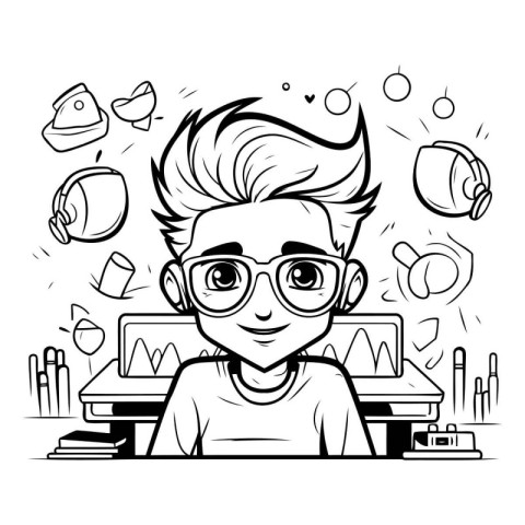 Cute boy in glasses with school supplies. Vector line art illust