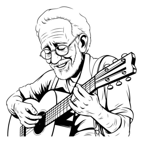 Elderly man playing the guitar. Black and white vector illustrat