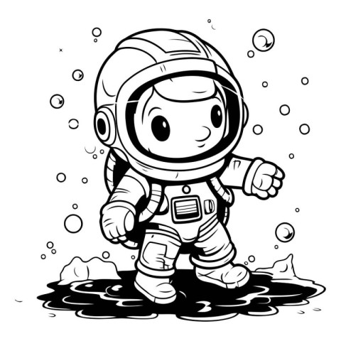 Black and White Cartoon Illustration of Cute Little Astronaut Ch