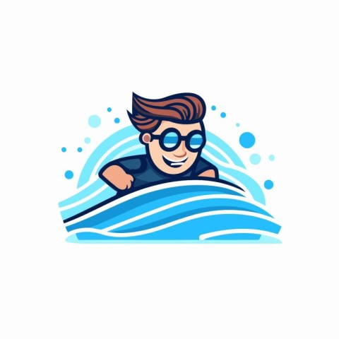 Swimming man in glasses on a blue wave. Vector illustration.