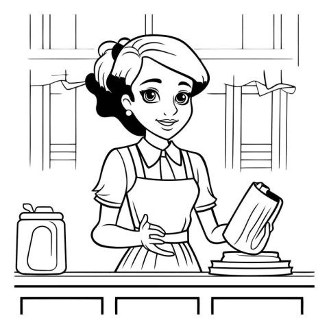 Housewife in apron and apron. Housekeeping concept. Vector illus