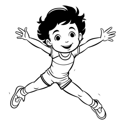 Black and White Cartoon Illustration of Kid Jumping or Running f