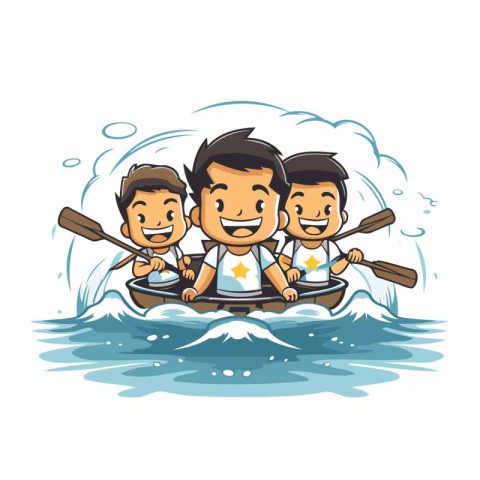 Group of friends rowing in the water. Cartoon vector illustratio