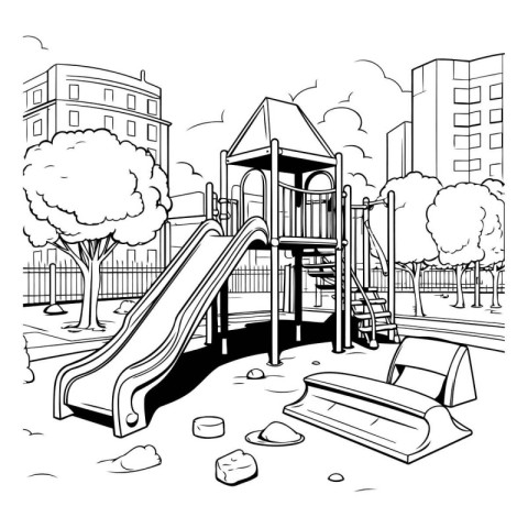 Children playground in city park. Black and white vector illustr