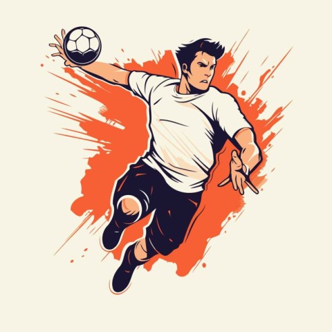 Soccer player in action with ball on grunge background. Vector i