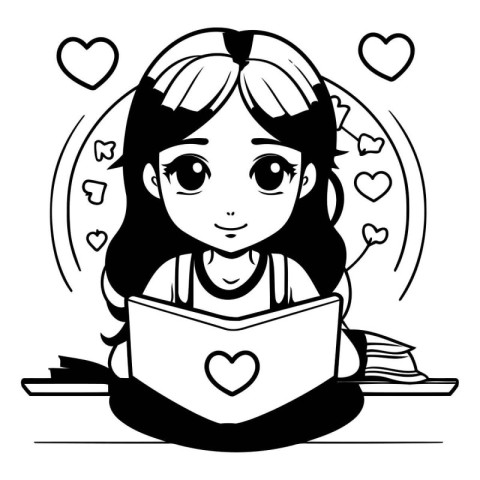 Cute little girl reading a book with hearts around her. Vector i