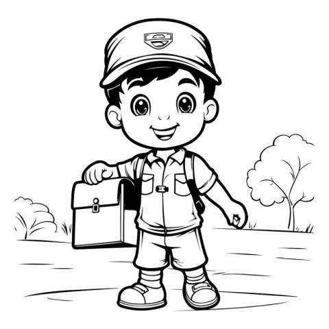 Black and White Cartoon Illustration of Little Boy Carrying a Ba