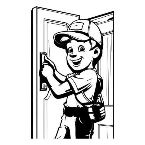 Cartoon handyman at the door. Black and white vector illustratio