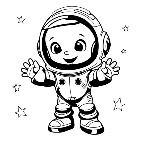 Cute cartoon astronaut in space suit. Black and white vector ill