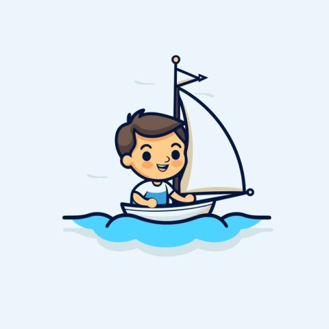 Cartoon boy riding a sailboat on the waves. Vector illustration.