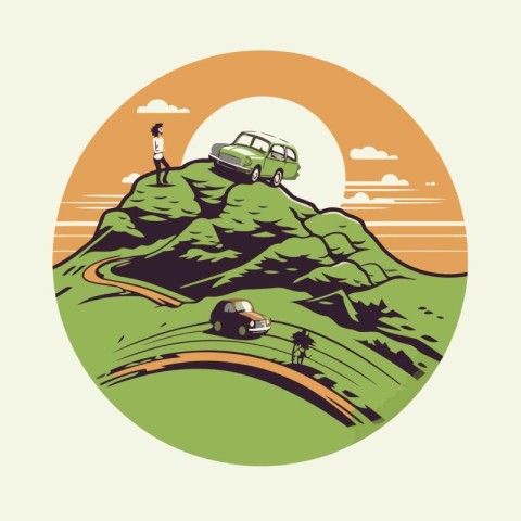 Retro car on the hill. Vector illustration in retro style.