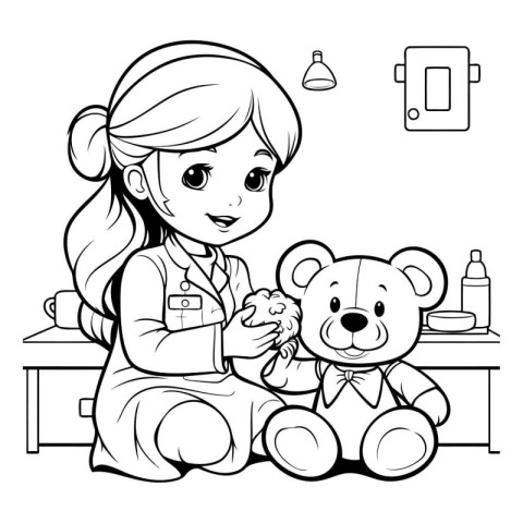 Black and White Cartoon Illustration of Little Girl Playing with