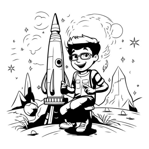 Vector illustration of a boy with glasses and a rocket in his ha