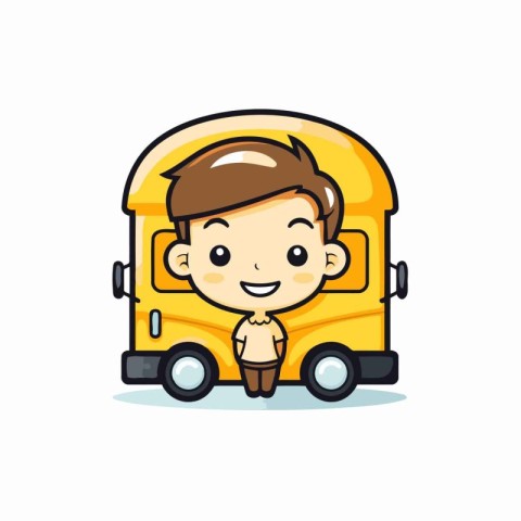 Cute Boy Riding School Bus Cartoon Character Vector Illustration