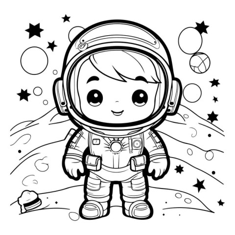 Cute astronaut boy in space suit. Vector illustration for colori