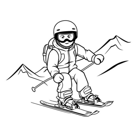 Snowboarder in helmet on skis. Monochrome vector illustration.