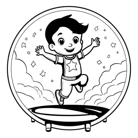 Black and White Cartoon Illustration of a Little Boy Skating in