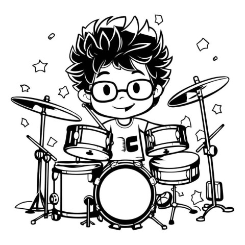 Cute boy playing drums. Black and white vector illustration for