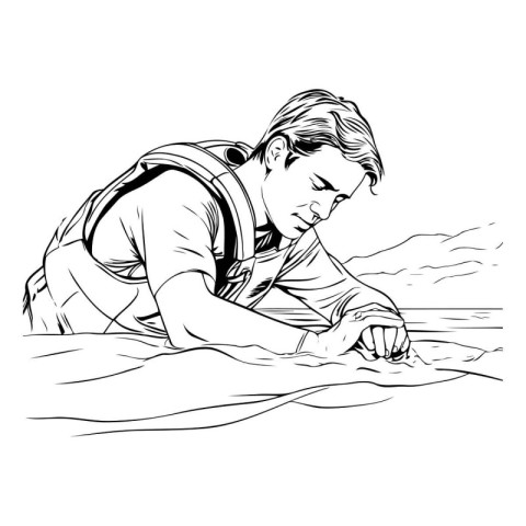 man swimming in the sea. sketch vector graphics monochrome illus