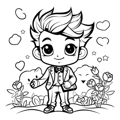 Black and White Cartoon Illustration of Cute Little Boy Characte