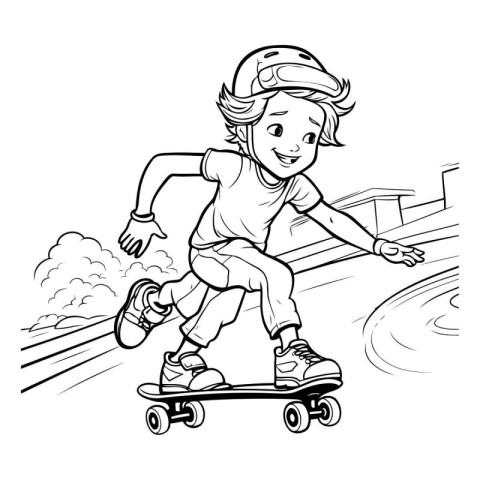 Boy riding a skateboard. black and white vector cartoon illustra