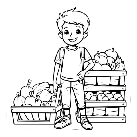 Outline of a young boy shopping at the supermarket. Vector illus