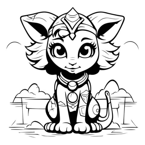 Black and White Cartoon Illustration of Cute Indian Cat Animal C