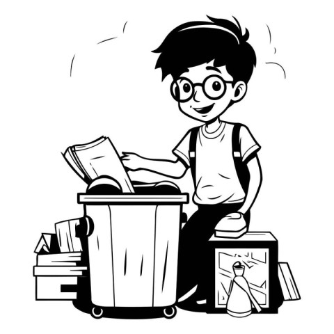 Boy sorting garbage. Black and white illustration of a boy sorti