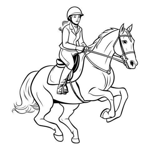 Illustration of a jockey riding a horse on white background.