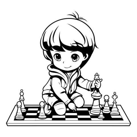 Little boy playing chess. Black and white vector illustration fo