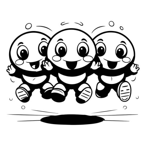 Black and White Cartoon Illustration of Cute Smiling Little Kids