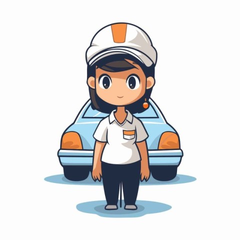 Cute cartoon girl in uniform with a car. Vector illustration.